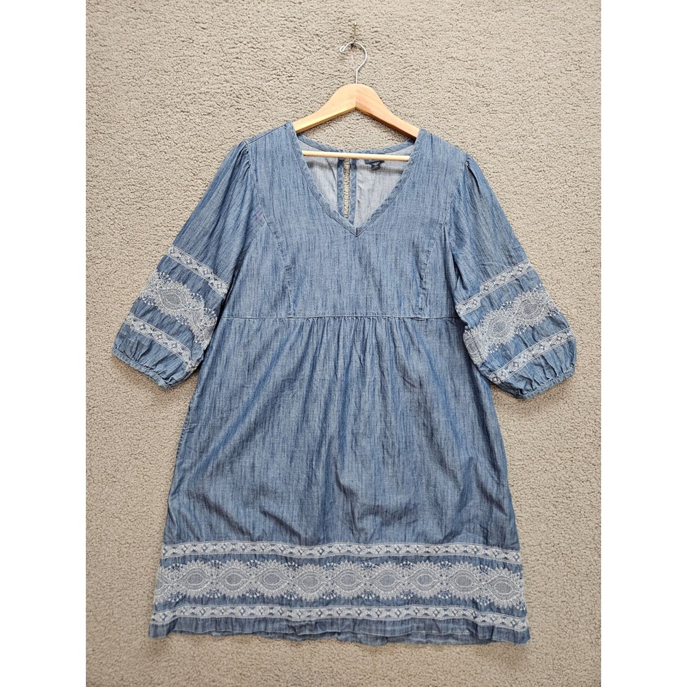 J. Jill Denim Dress Large Petite Blue Boho Embroidered Eyelet Lace V-Neck L P